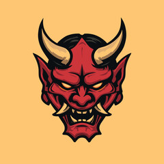 Red demon mask with sharp features and horns