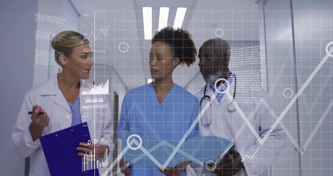 Nurse opening folder and reviewing data as medical team walking with chart holograms flickering