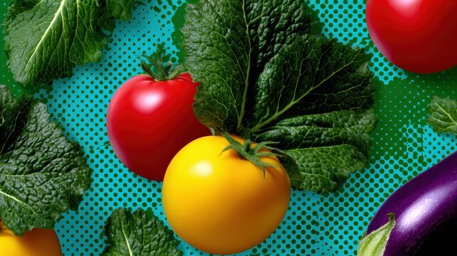 retro vegetable pattern, pop-art inspired vegetable pattern with bold halftone textures, retro red, green, and yellow palette for seamless web and print decor