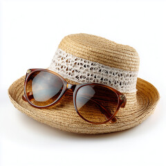 Stylish Straw Hat with Lace Band and Brown Sunglasses

