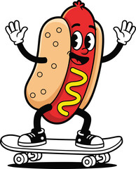 Cartoon hot dog character skateboarding with mustard squiggle white gloves black sneakers smiling face fun food vector illustration concept
