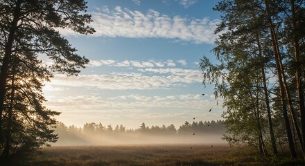 Breathtaking sunrise bathes forest in mystical golden light, creating serene and peaceful scene perfect for nature lovers and outdoor enthusiasts to find tranquility and escape the everyday hustle