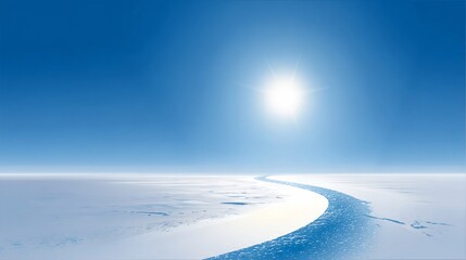 Obraz premium Bright Sun Over Icy Snowy Landscape with Winding Path in Polar Environment