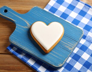 Heart-shaped iced cookie on a rustic blue cutting board