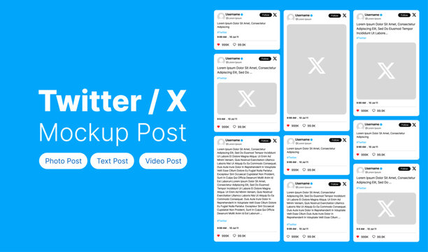 Twitter X post mockup template with Twitter X feed frame for text post, Twitter X photo and text post, Twitter X video and text post on social media and social network