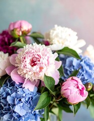 Vibrant bouquet of peonies and hydrangeas