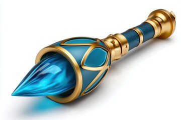 Magical blue crystal scepter with ornate gold detailing resting on a smooth surface in a magical fantasy setting