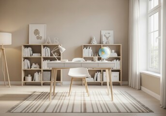 Brightly lit study area featuring a wooden desk filled with decorative items and bookshelves