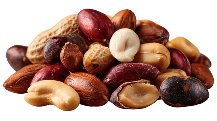 Obraz premium Assorted nuts pile including peanuts hazelnuts cashews and almonds isolated on white representing healthy snacks