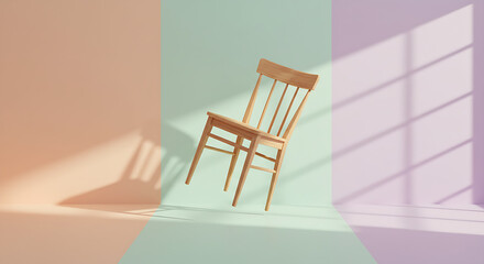 Stylish wooden chair levitating in a modern studio with vibrant, pastel colors and playful shadows