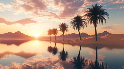 Fototapeta premium Stunning golden sunrise over desert oasis with calm water high resolution picture