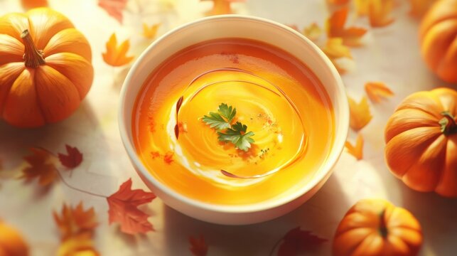 Creamy pumpkin soup in white bowl with garnishing and pumpkins  