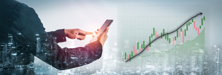 Business professional analyzing stock market trends on smartphone with financial graph overlay, city skyline background Impute.