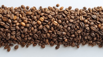 Fototapeta premium Dark Roasted Coffee Beans Spread on White Surface for Brewing and Coffee Shop Use