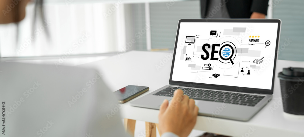 Poster seo search engine optimization for modish e-commerce and online retail business showing on computer 