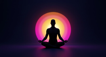 Serene silhouette meditating in lotus pose bathed in vibrant gradient sunset glow