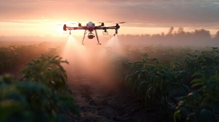 Drone spraying crops at sunset agricultural field aerial view