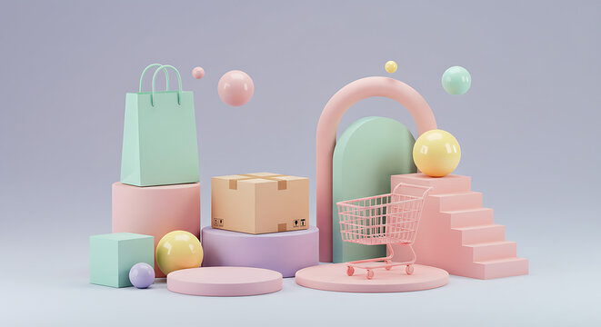 Vibrant pastel scene with shopping bag, box, cart, and abstract shapes creates modern retail display