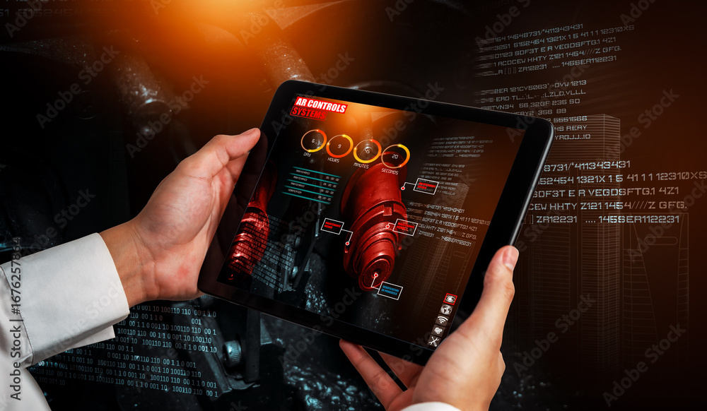 Poster engineer use augmented reality software in smart factory production line with automated application 