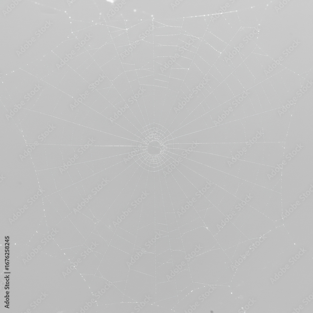 Poster ultra-realistic macro photo of an intricate orb-weaver spider web, radial spokes, precise capture sp