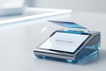 Modern payment terminal with credit card inserted, showcasing secure contactless transaction technology