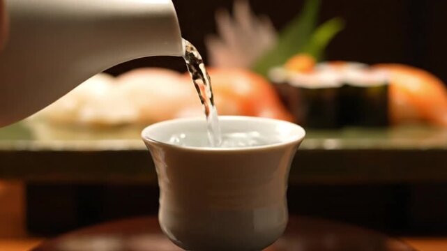 An intimate close-up shot of traditional Japanese sake being carefully poured into a small cup, with a plate of fresh sushi blurred in the background