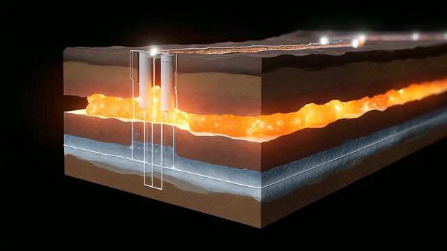 Geothermal site setting with Detailed cross-section diagram illust representing geothermal wells, drilling automation, ROP gains, rig safety