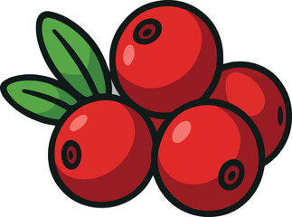 Red Cranberries with Green Leaves Cartoon Illustration
