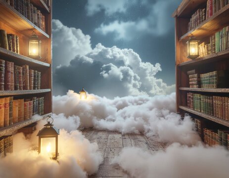 A surreal library drifting in the sky.