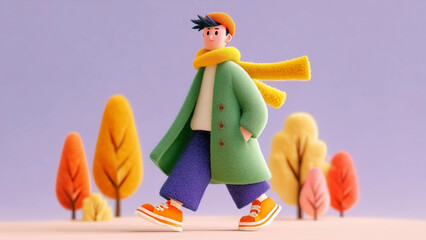 Cute Korean Young Idol Walking in Autumn Leaves &ndash; 3D Render with Purple and Orange Tones