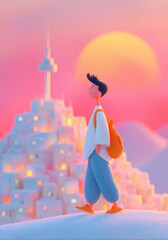Cute Korean Boy Walking by the  Namsan Tower Seoul, Cartoon Illustration South Korea