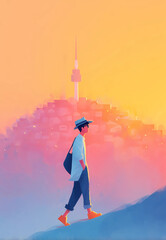 Cute Korean Boy Walking by the  Namsan Tower Seoul, Cartoon Illustration South Korea