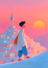 Cute Korean young man Walking by the  Namsan Tower Seoul, Cartoon Illustration South Korea