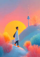 Cute Korean Boy Walking by the  Namsan Tower Seoul, Cartoon Illustration South Korea