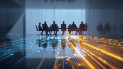 Tech-Driven Decisions A Group of Executives Deliberates Amidst a Futuristic Digital Landscape