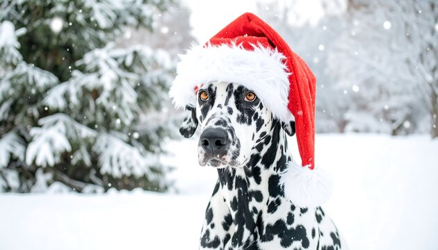 Dalmatian in Santa hat in snowy forest - Powered by Adobe