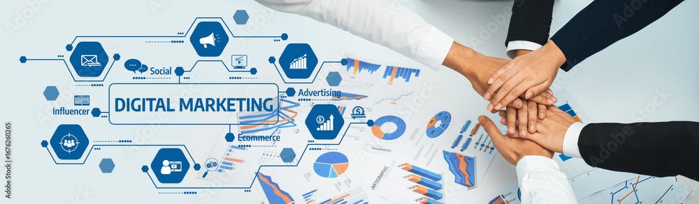 Poster hands unite over a digital marketing concept featuring graphs and charts representing the key strate