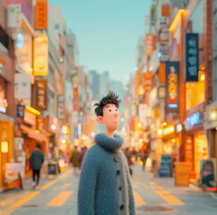 Cute Korean man on Myeongdong Street Seoul, 3D Render