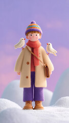 Cute Young Man in Winter Clothes Standing in Snow Surrounded by Birds &ndash; 3D Render with Lilac and Orange Background