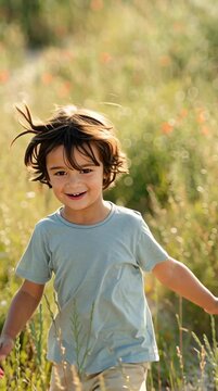 Happy Young Boy Running in Field with Summer Sunlight