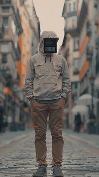 Young Man with Tablet Screen Instead of Face Standing in City Street Futuristic Concept