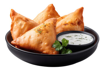 Indian samosa with sauce isolated on transparent or white background, png