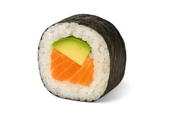 Hosomaki sushi roll with salmon and avocado on transparent background