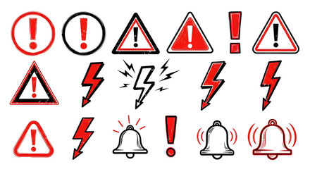 Hand-drawn warning and lightning icon set — red and black sketch-style hazard triangles, exclamation marks, lightning bolts and alert bells for safety signs, posters and UX attention callouts