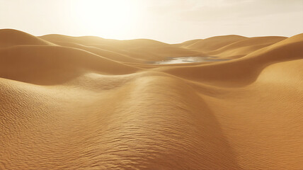 Golden desert landscape with shimmering water and soft sand dunes under bright sunlight nature