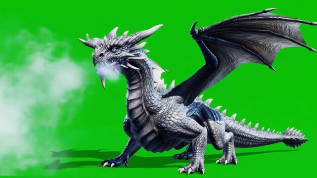 A dragon breathing icy cold frost breath, isolated on green screen.