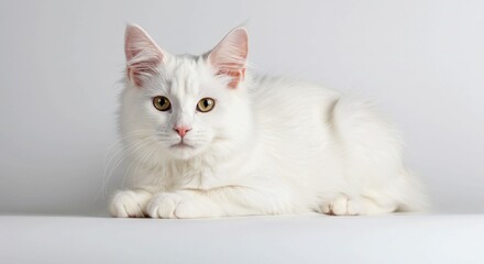 Elegant snow-white cat with striking golden eyes resting peacefully, a beautiful domestic pet offering comfort and companionship, a dreamy image for animal lovers and serene designs