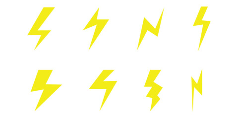  Glowing isolated lightning icon on white background. Different shapes vector isolated lightning set. Abstract thunder icon. Glowing charge elements.  Lightning silhouette set. EPS 10. 
