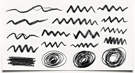Hand-drawn black ink marker squiggle and sketch brushstroke set — repeatable textured lines, scribbles, wavy strokes and circular doodles on white background for texture overlays and sketchy design el