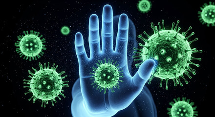 Hand stopping coronavirus cells spreading, fighting virus pandemic